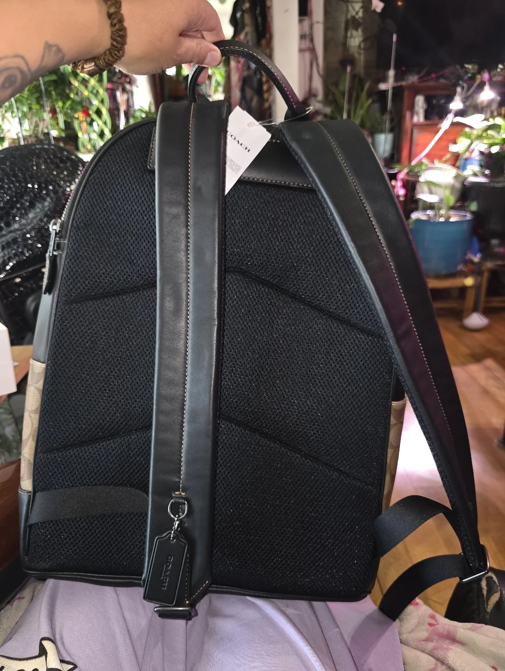 Coach Brown Signature Canvas Backpack with White Center Stripe
